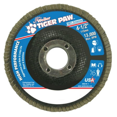 

Type 29 Tiger Paw Angled Flap Discs 4 1/2 40 Grit 7/8 Arbor 13 000 rpm
