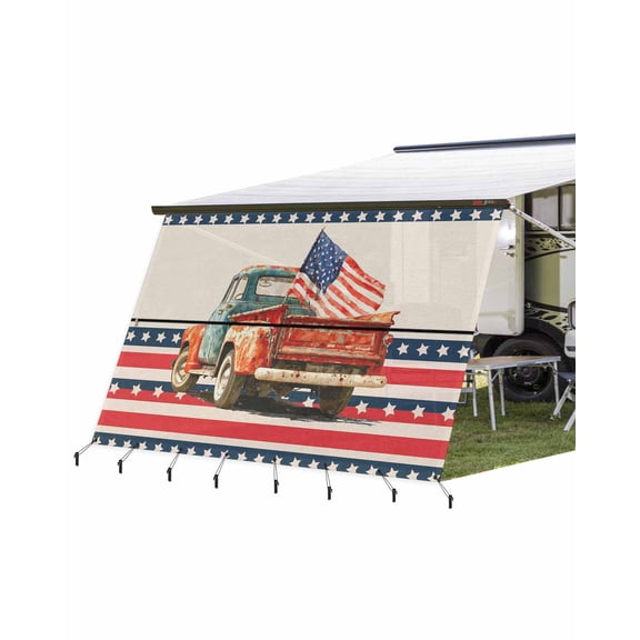 4th of July RV Awning Sun Shade Screen 9'X15.3' Retro Truck American Flag Mesh Sunscreen Patriotic Star Stripes Awning Shade Screen with Zipper UV Blocker Completed Kits for RV Motorhome Camper