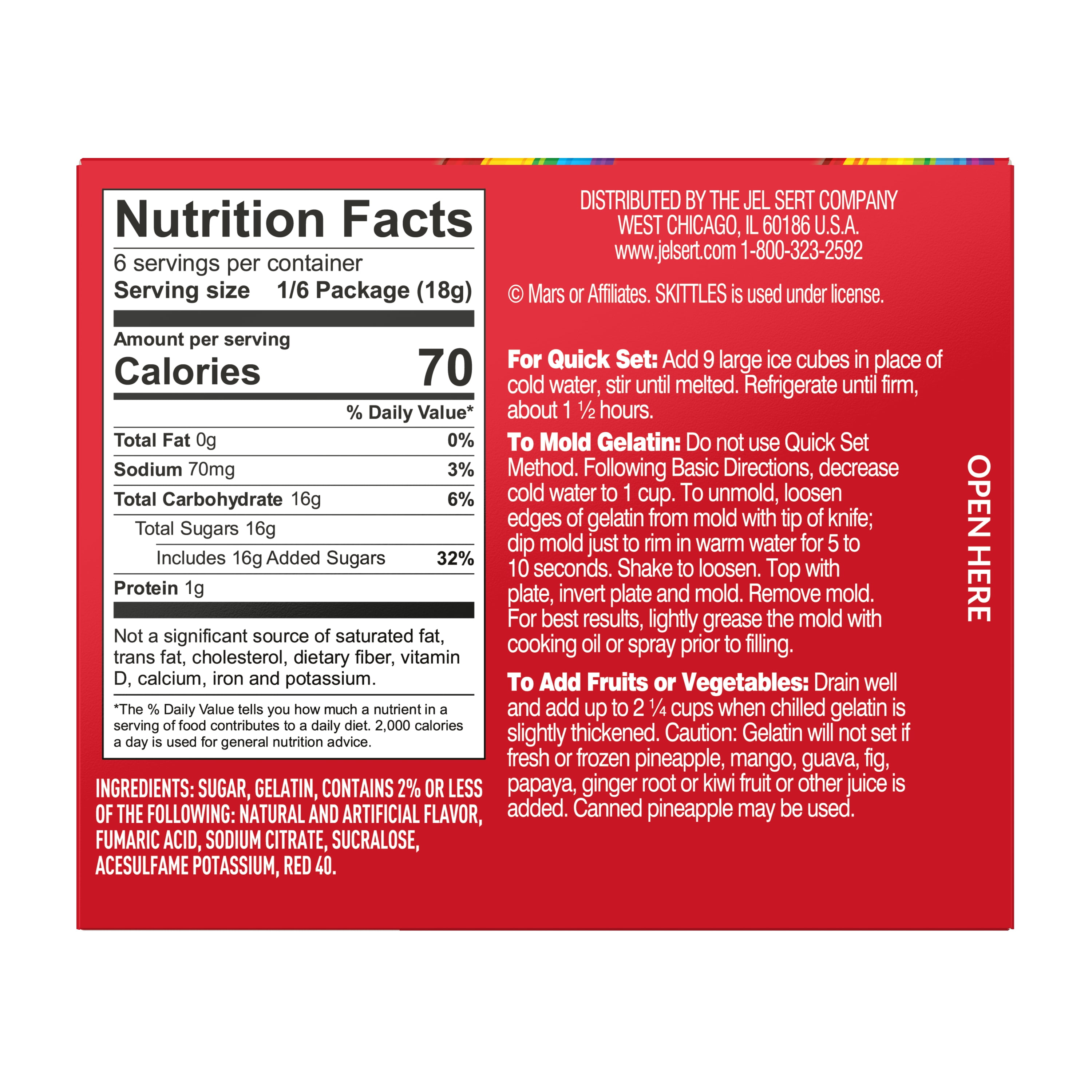 Skittles Original Flavor Gelatin Mix, 6 Servings, 3.89 oz Cardboard Box