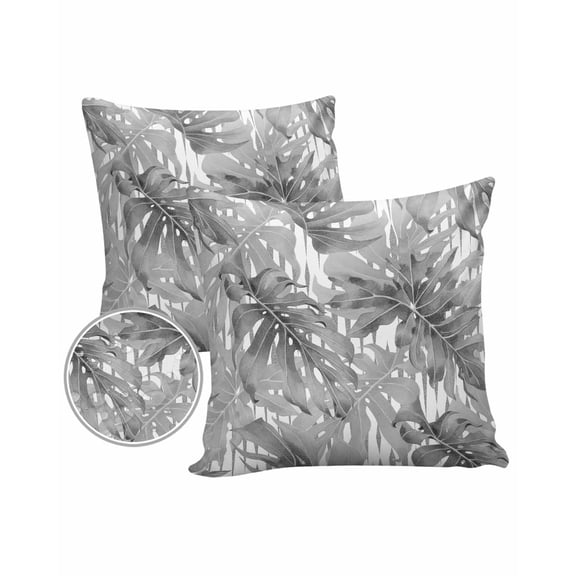 Pack of 2 Outdoor Pillow Covers, Summer Grey Tropical Plant Leaves Waterproof Square Throw Pillowcase Cushion Decorative Pillow Covers for Couch Patio Tent, 18x18 in