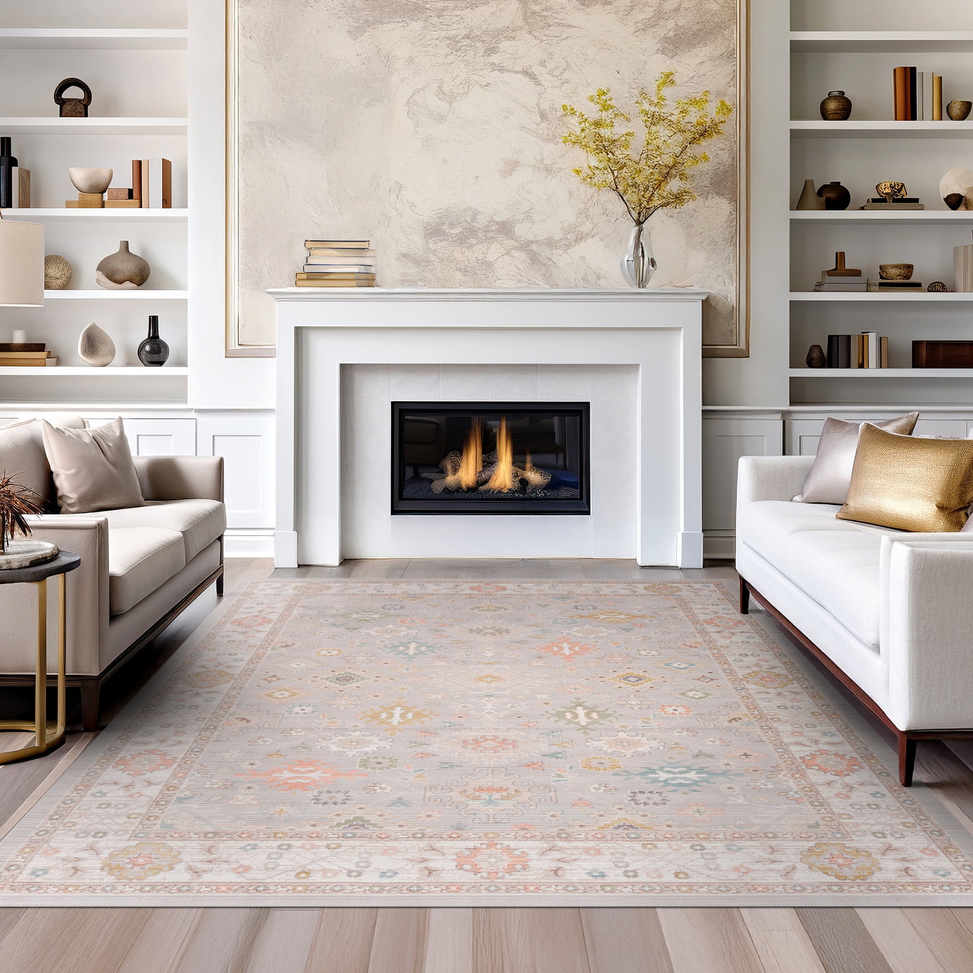 Crestwood Traditional Oriental 5x7 Gray and Aqua Polyester Indoor Area Rug, 5'3'' x 7'