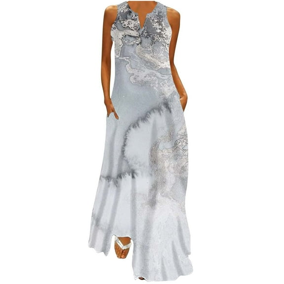 pimelu Dresses for Women Dresses for Women Beach Loose Pocket Tank Long Dresses Summer Fashion Marbled Print Sleeveless V-Neck Womens Maxi Dress