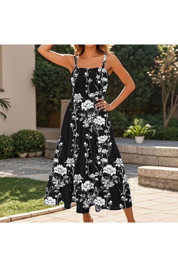 Summer Dresses for Women 2026 Premium Fabric,Womens Summer Dresses Split Thigh Spaghetti Strap Cami Midi Floral Dress Multicolor,S