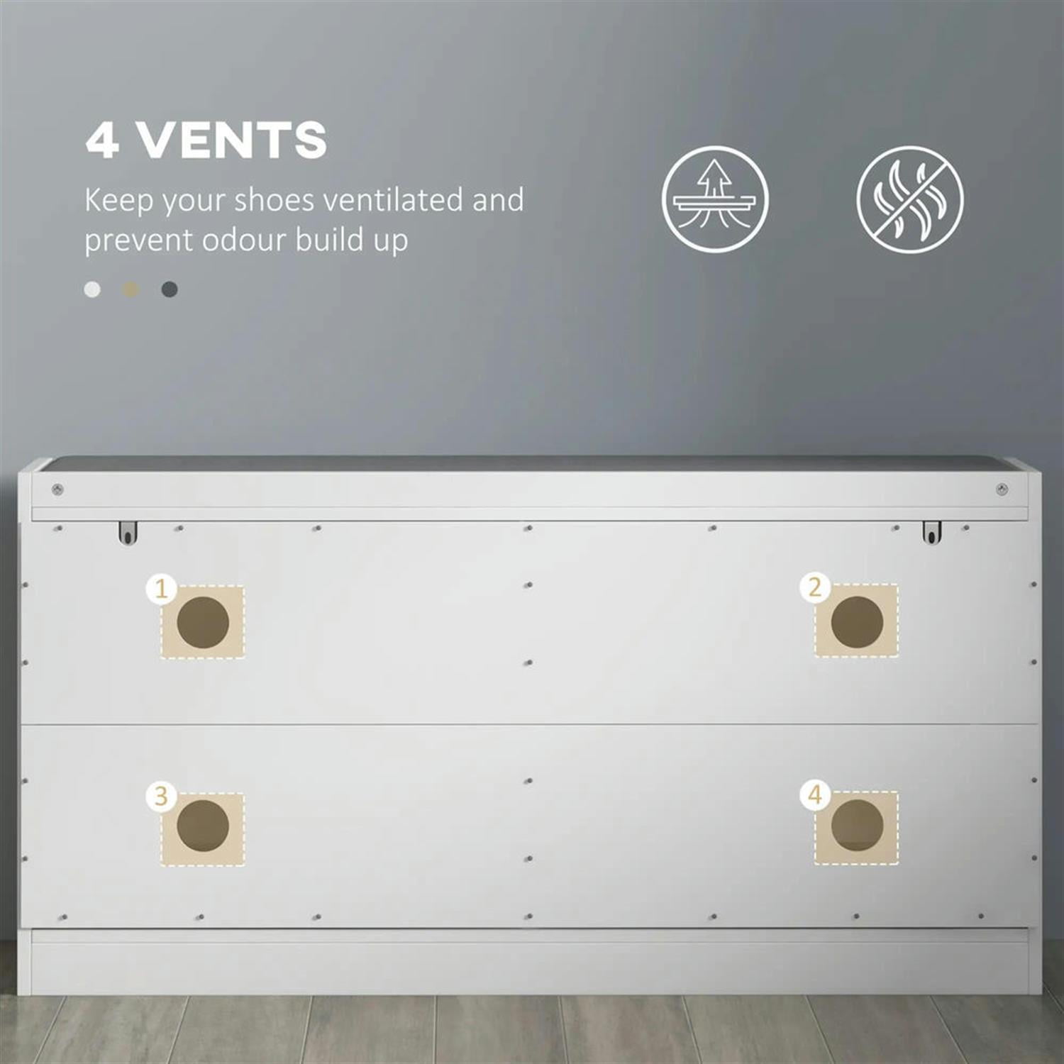 Demi Bonn Narrow Bench Upholstered Entryway Bench, Shoe Storage Bench with 2 Flip Drawers, 2 Ventilated Shoe Rack for 8 Pairs, White