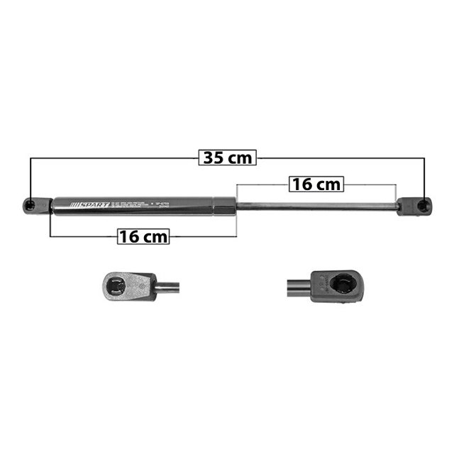 amortiguador cofre charger 2011 a 2019 dodge izq/der spart . Amortiguador para cofre compatible con Dodge Charger 2011–2019, vista frontal centrada; cilindro negro con varilla metálica, largo extendido 35 cm, varilla 16 cm y cuerpo 16 cm, fijaciones tipo ojoal y montaje plástico. Origen Turquía; 1 pieza, lado izquierdo/derecho; presión mínima 53.28 y máxima 66.77. Suele usarse también para soportar tapas ligeras de maletero.