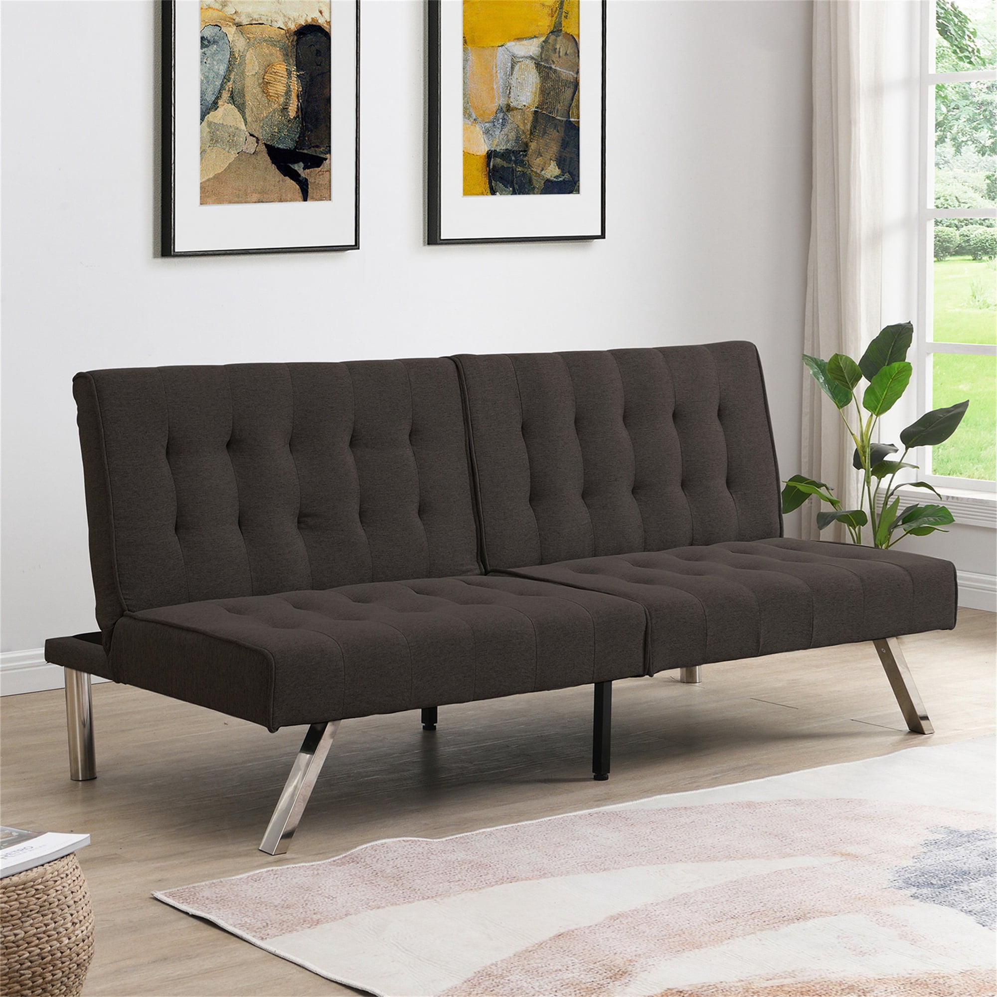 Aukfa 67" Tufted Futon Convertible Sofa Bed Separate Back Chaise Couch for Home Office, Linen, Espresso