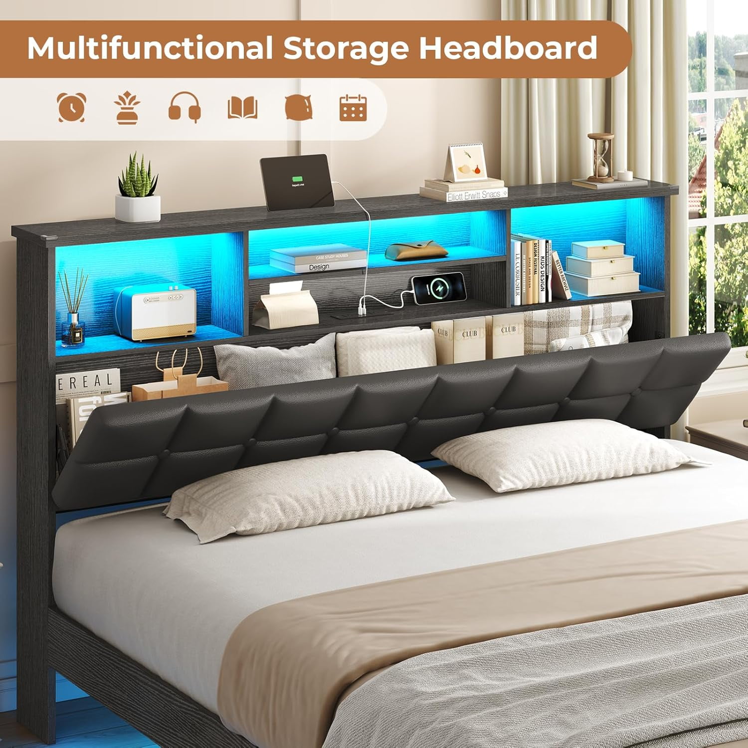 Floating Bed Frame Queen Size with Headboard and Storage, Upholstered Queen Platform Bed Frame with USB & Type C Charging Station and LED Lights, Hidden Storage, No Box Spring Needed, Black
