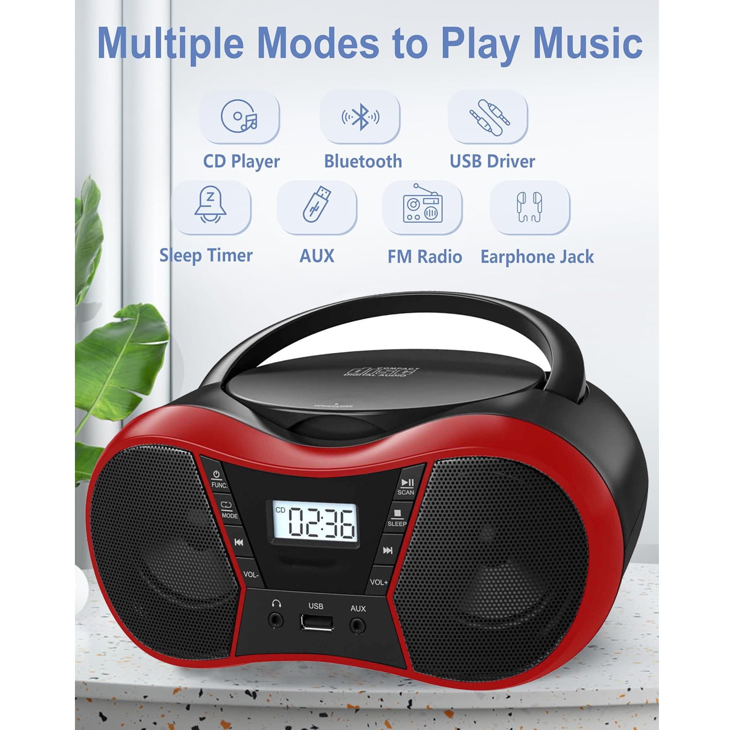 Portable CD Player Boombox with FM Radio,Bluetooth 5.1,Clear Sound,LCD Display,USB/AUX Input,AC/Battery Powered,CD/CD-R/CD-RW Compatible,3.5mm Headphone Jack,Sleep Timer for Home,Seniors,Kids Red
