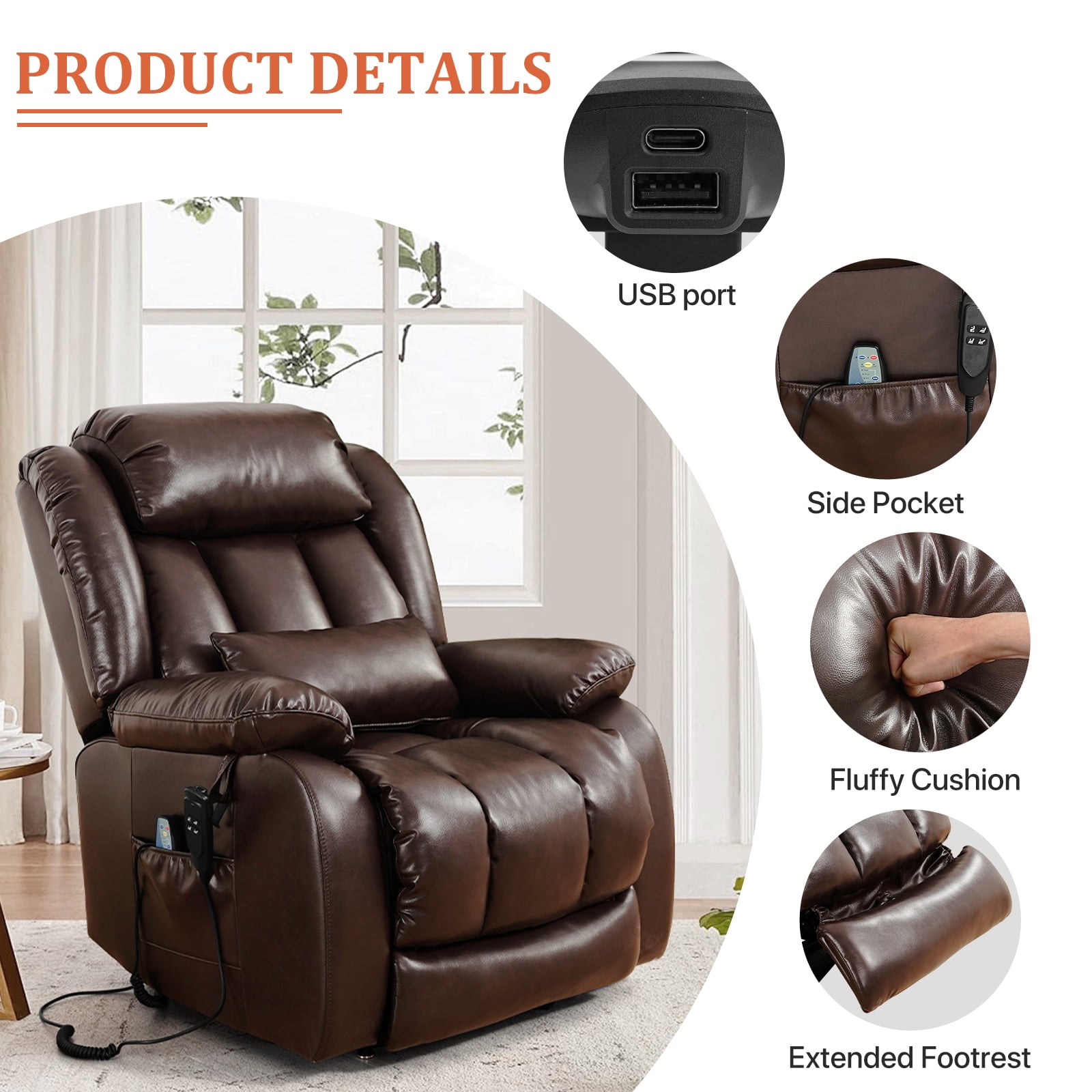 TEKAMON Infinite Position Lift Recliner Chair for Elderly with Heat Massage and Extended Footrest Lay Flat Sleeping Leather Dual Motor Power Lift Chair for Living Room (Brown)