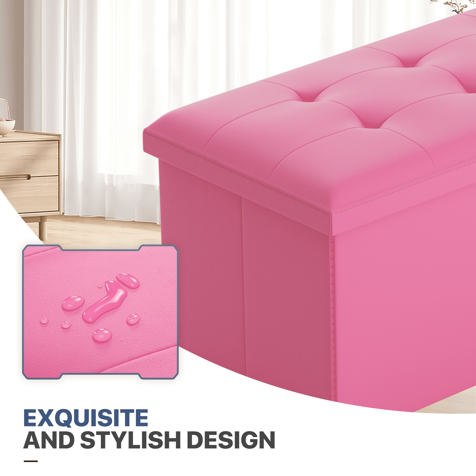 MoNiBloom 30" Folding Storage Ottoman Bench, PU Leather Collapsible Footrest Ottoman with Storage, for Living Room Bedroom Entryway, Dark Pink