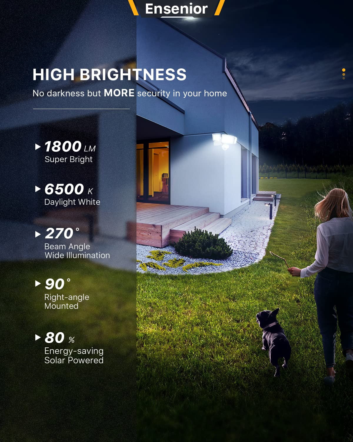 Ensenior 5 Motion Sensor Modes Solar Security Light, 1800LM 270° Wide Angle 3 Heads LED Flood Lights, IP65 Waterproof Wall Lights, Separate Solar Panel Remote Control Solar Lights Outdoor 2 PACK