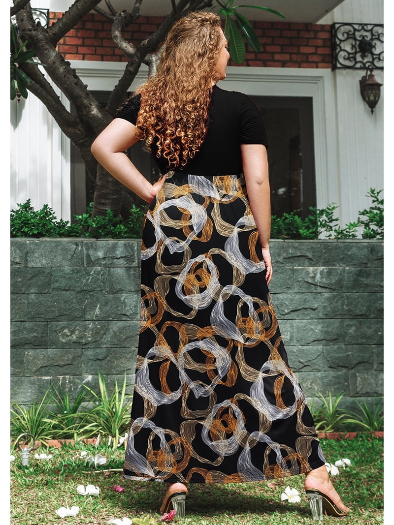 SHOWMALL Women's Plus Size Summer Beach Dress Maxi Luxe Metallic Floral 3X  Short Sleeves Crewneck Casual Bohemian Sun Dress Full-Length Floral Long  Dresses with Pockets - Walmart.com