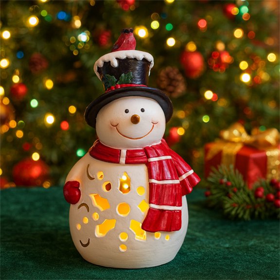 Christmas Snowman Statue,Funny Solar Snowman Figurine with Red Scarf,Resin Glowing Snow man Statue Figures for Home Garden Outdoor Indoor Housewarming Decoration