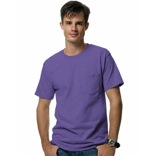 Hanes Beefy-T Men`s Pocket T-Shirt, L, Purple
