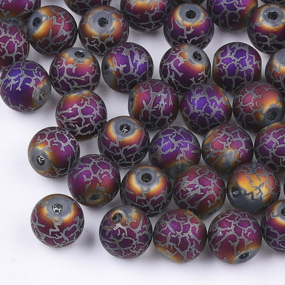 Electroplate Glass Beads Frosted Round with Pattern Indigo 8~8.5mm Hole: 1.5mm DIY