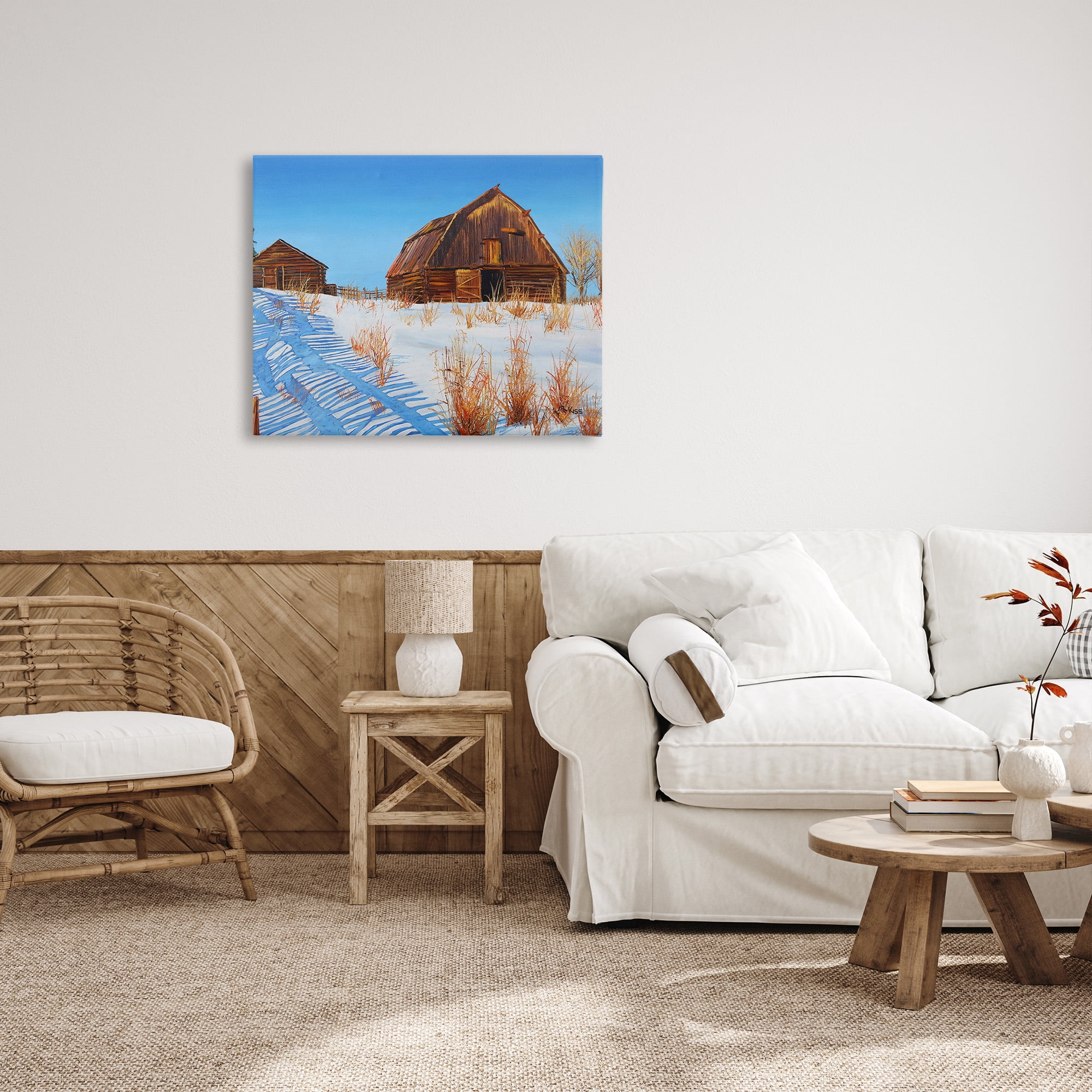 Stupell Industries Winter Country Barn Landscape Painting Gallery Wrapped Canvas Art Print Wall Art, 40 x 30