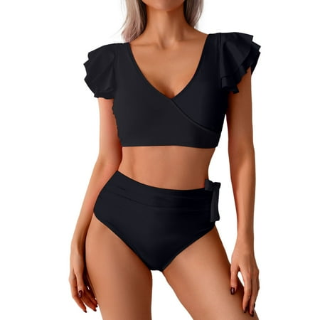 Womens Bikinis Summer Solid Color V Neck Fly Sleeve Camisole Tops And Panty Set Sexy Split High Waist Two Piece Tankini Swimsuits For Women Activewear Black M