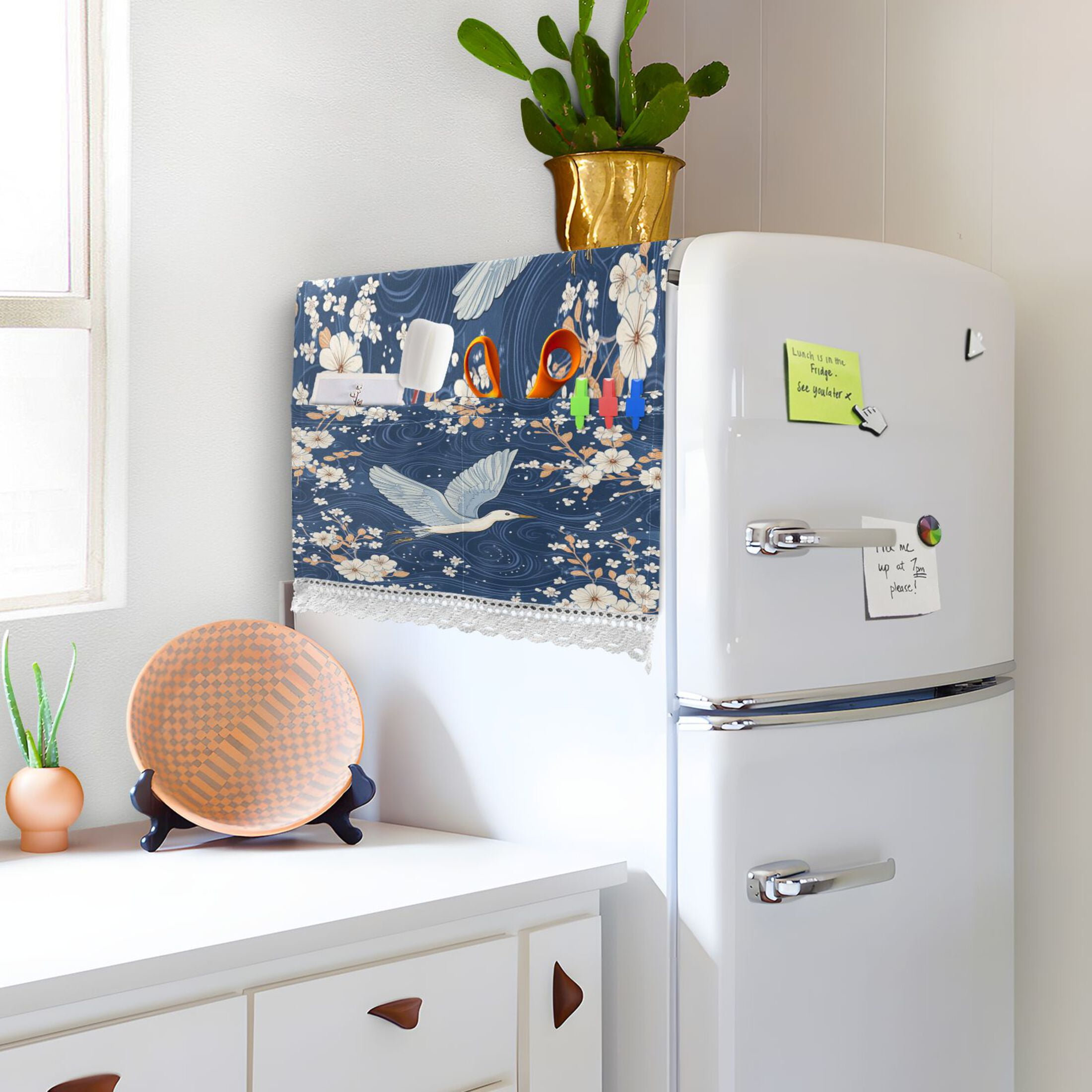 Seagulls Soaring over White Flowers and The OceanWasher and Dryer Covers Dust-Proof and Oil Resistant Fridge Cover with 4 Storage Pockets Washing Machine Top Cover for Laundry Kitchen Home 51.2 x 22