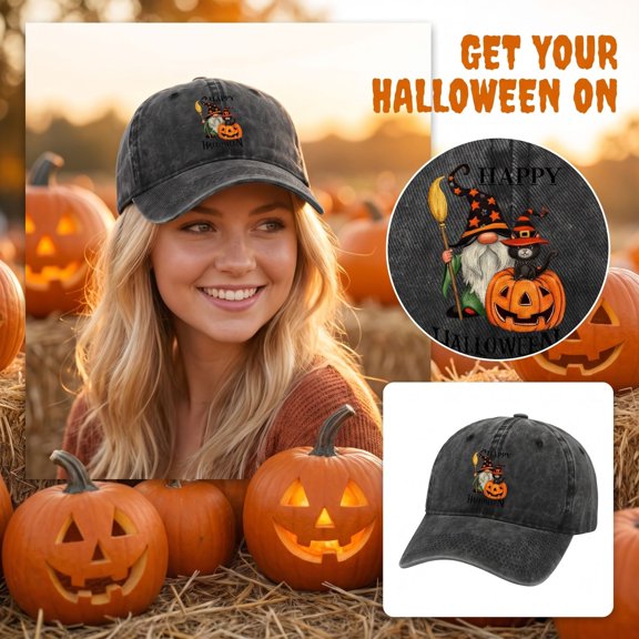 Halloween Hats For Women Men Funny Halloween Pattern Baseball Cap Adjustable Washed Denim Hat
