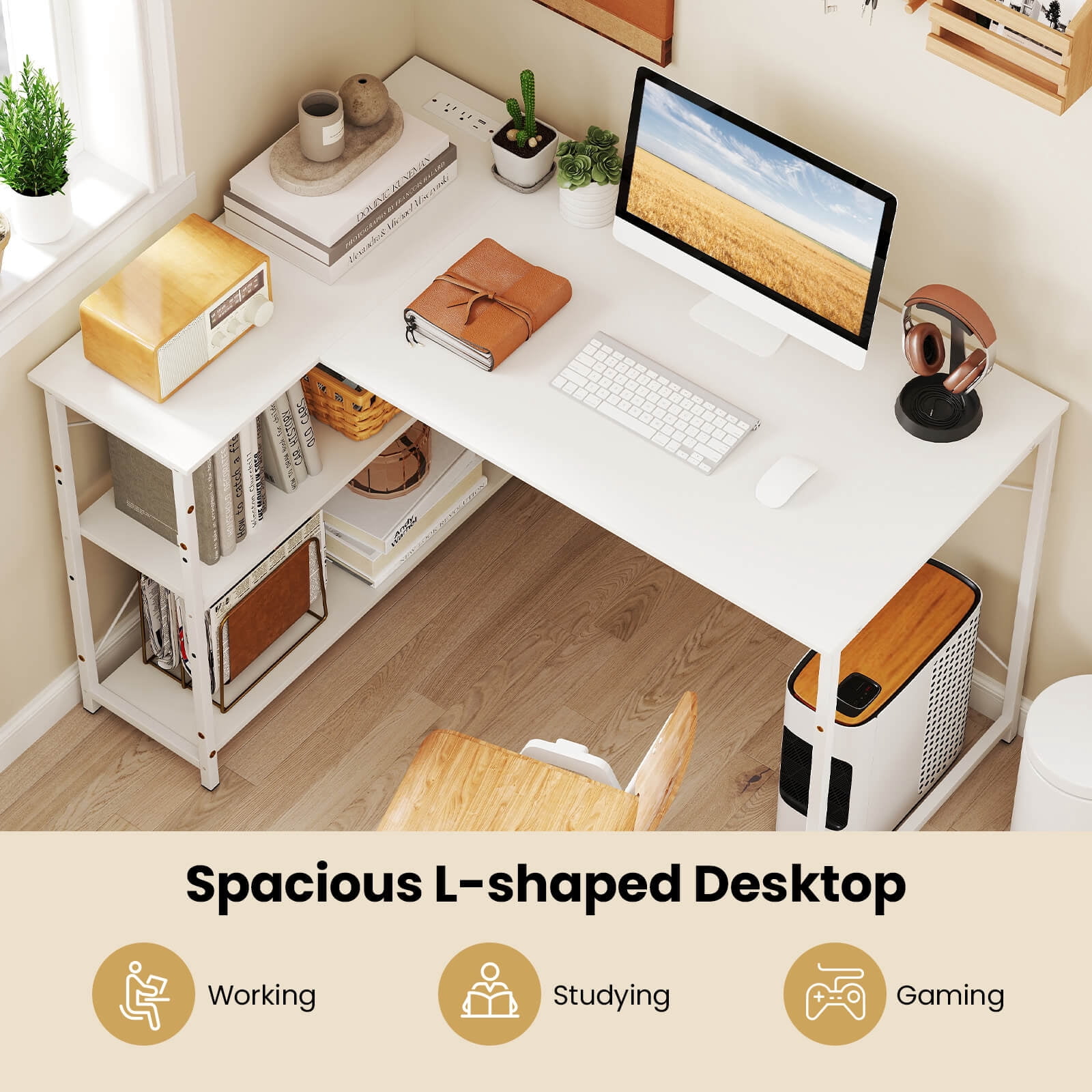 Costway L-Shaped Computer Desk with Power Outlets Adjustable shelf Heavy-Duty Metal Frame White
