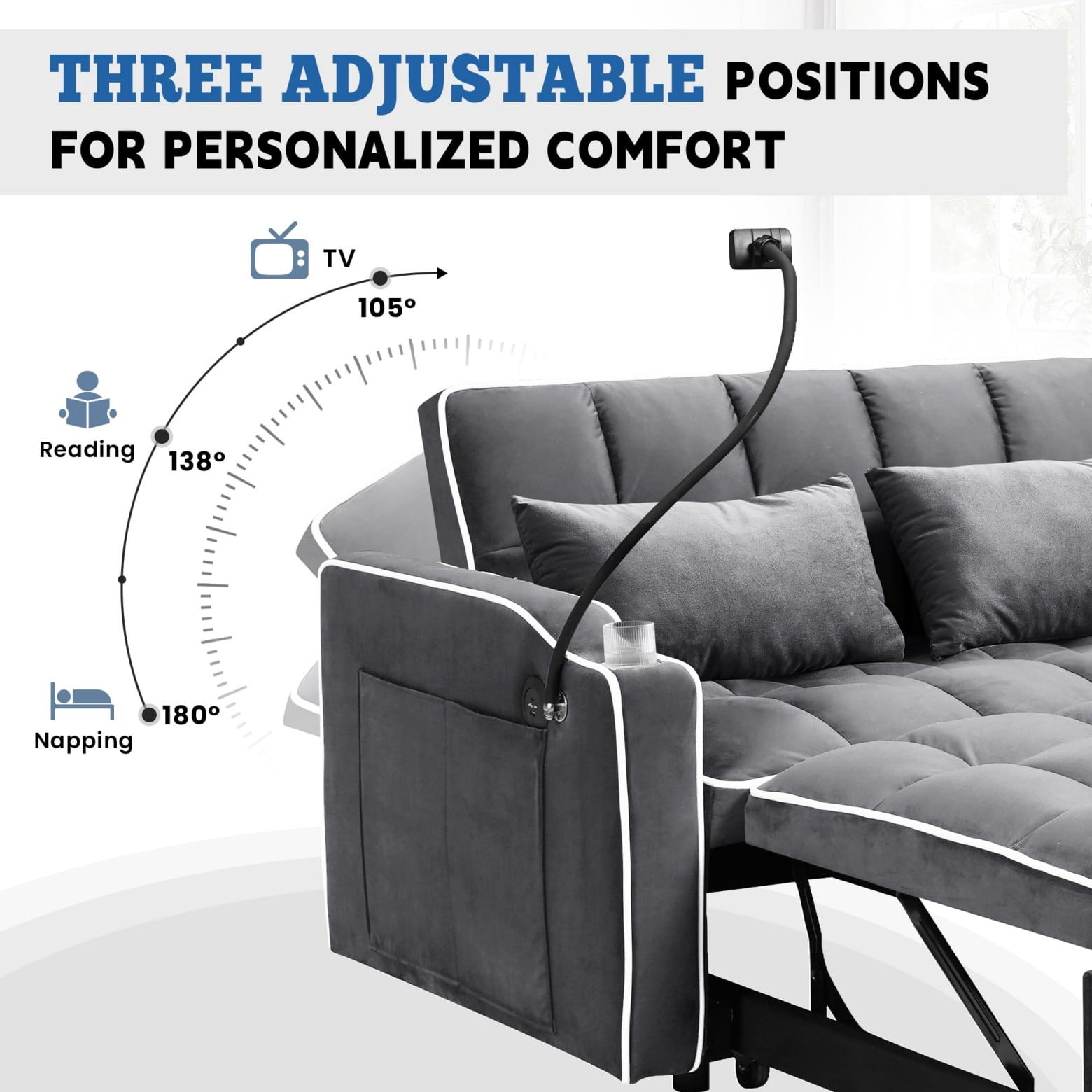 55" 3 in 1 Convertible Sofa Bed with Phone Holder, Loveseat Couch with Pull Out Bed, Space-Saving Apartment Sofa, Dark Gray