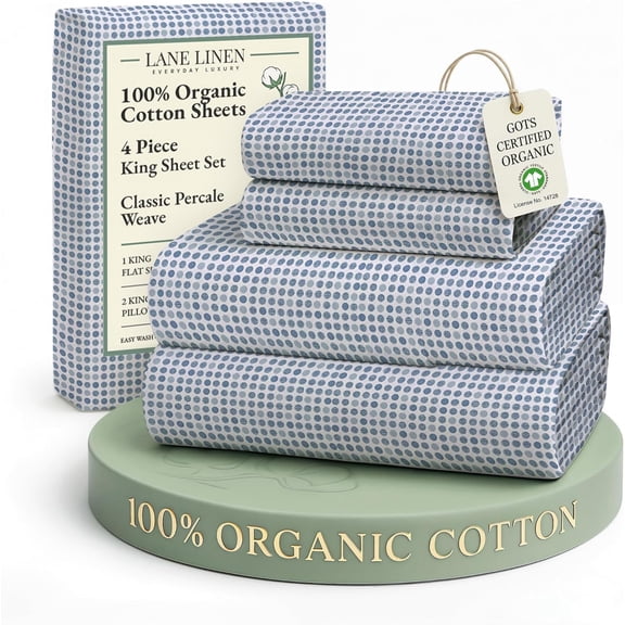 King Size 100% Organic Cotton Percale Sheet Set Deep Pocket 4 Piece Soft Breathable Cooling Lightweight All Season Machine Washable Polka Dot Blue