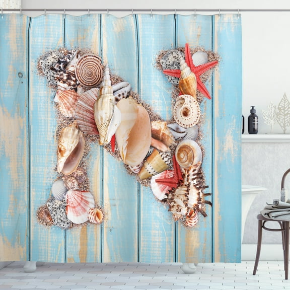 Ambesonne Letter N Shower Curtain, Ocean Seashells ABC, 69"Wx75"L, Dark Coral Pale Blue