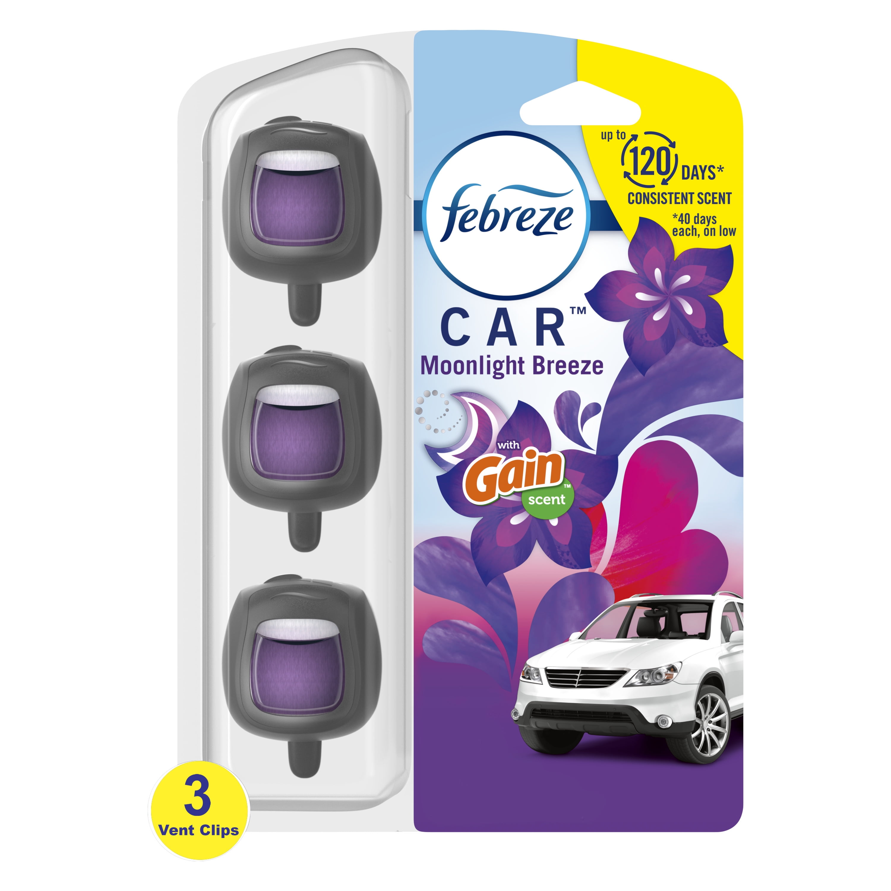 Febreze Car Air Freshener Car Vent Clip Gain Moonlight Breeze Scent, .06 oz., 3 Ct. and Storage