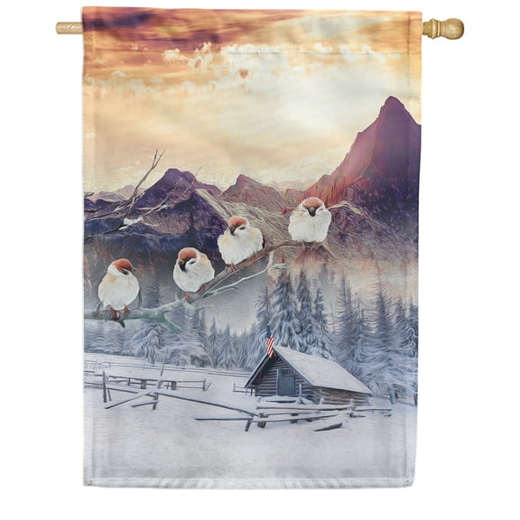 America Forever Winter Mountain House Flag Double Sided Vertical Decorative 28 x 40 inches for Outdoor, Yard, Porch Happy Holiday Welcome Winter Snowy Cardinals Farmhouse House Flag