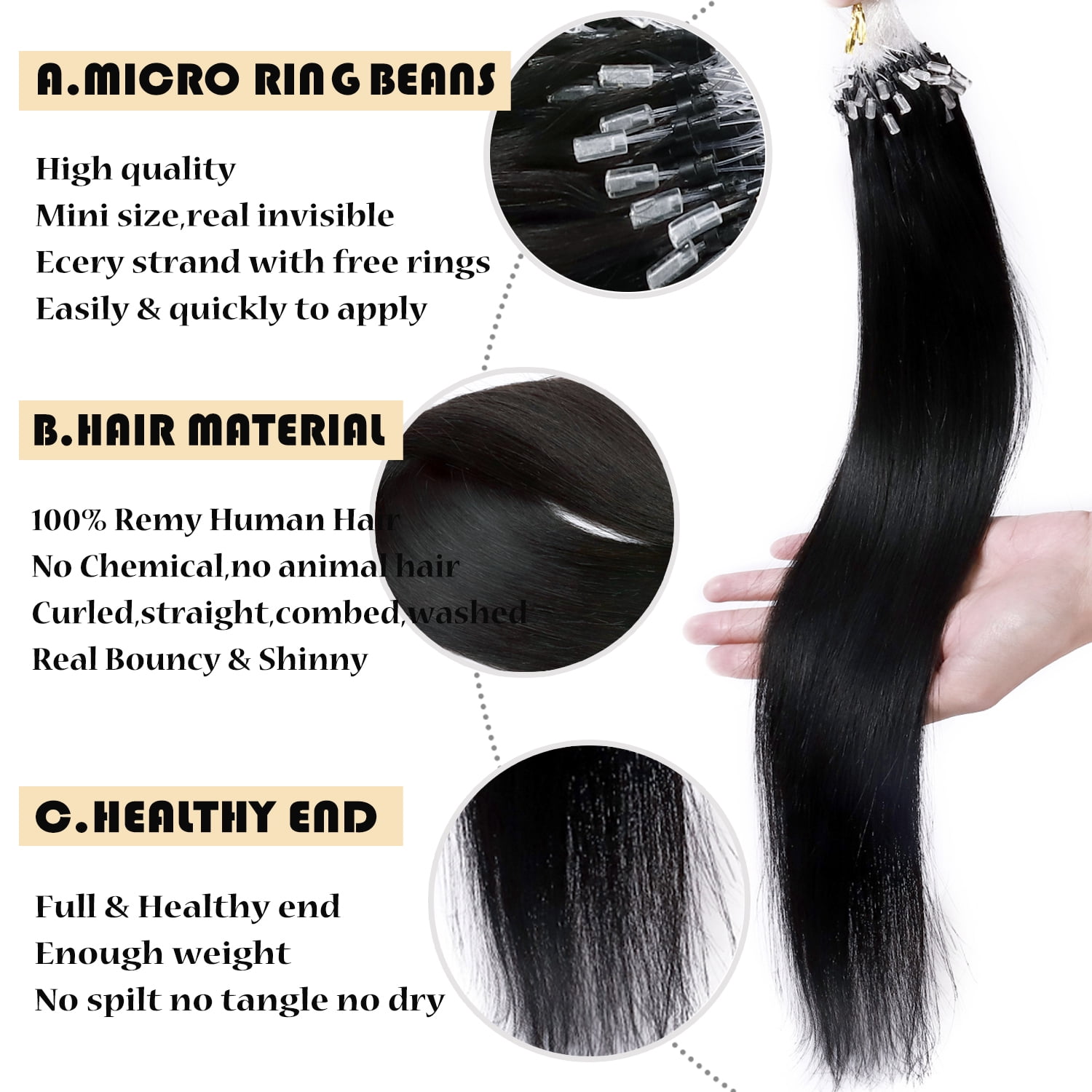 Benehair Human Hair Extensions Micro Ring Micro Beads Easy Loop 100% Remy Hair Extension Micro Link Hair 1g/Strand 100g Black Pre Bonded Soft