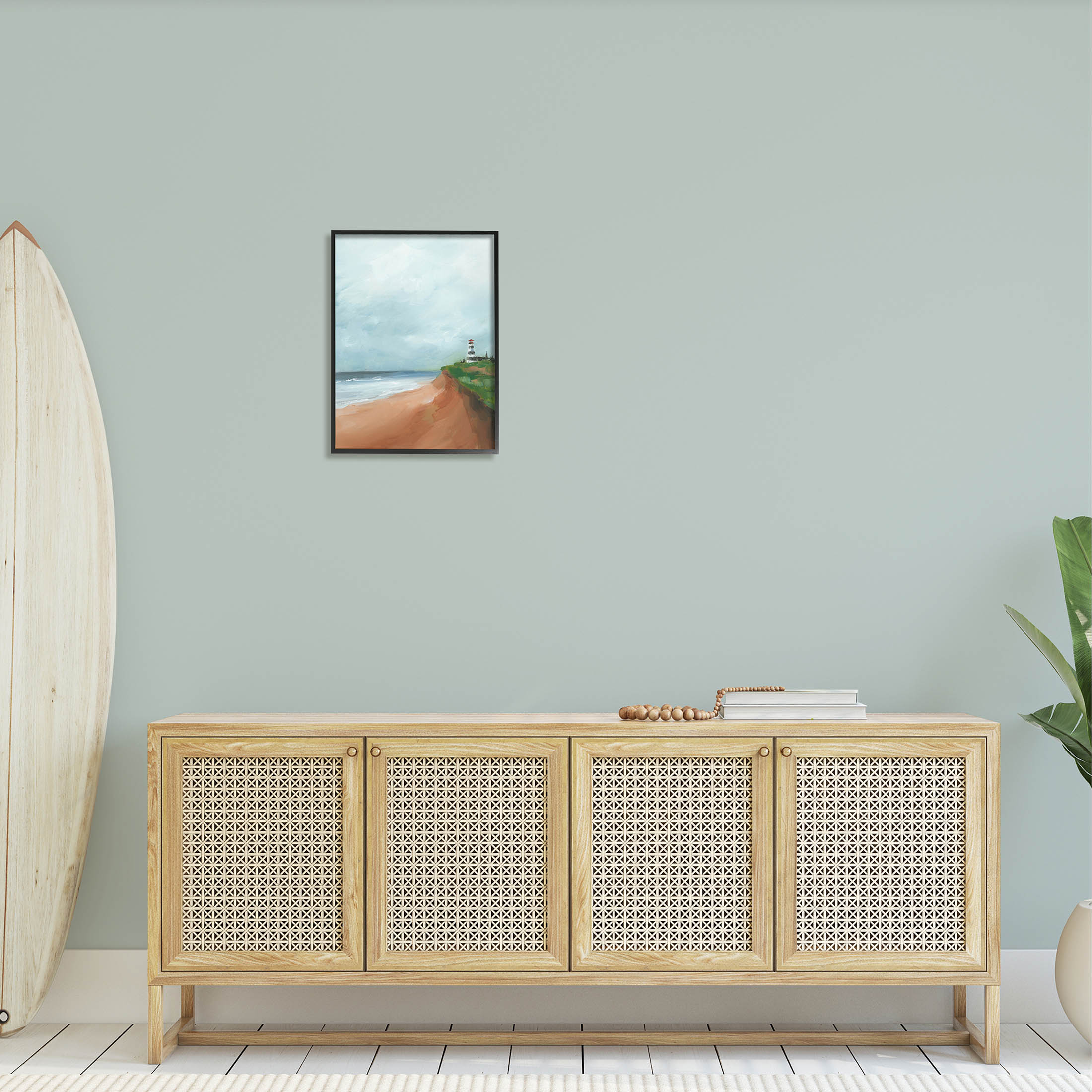 Distant Lighthouse Beach Shore Coastal Painting Black Framed Art Print Wall Art