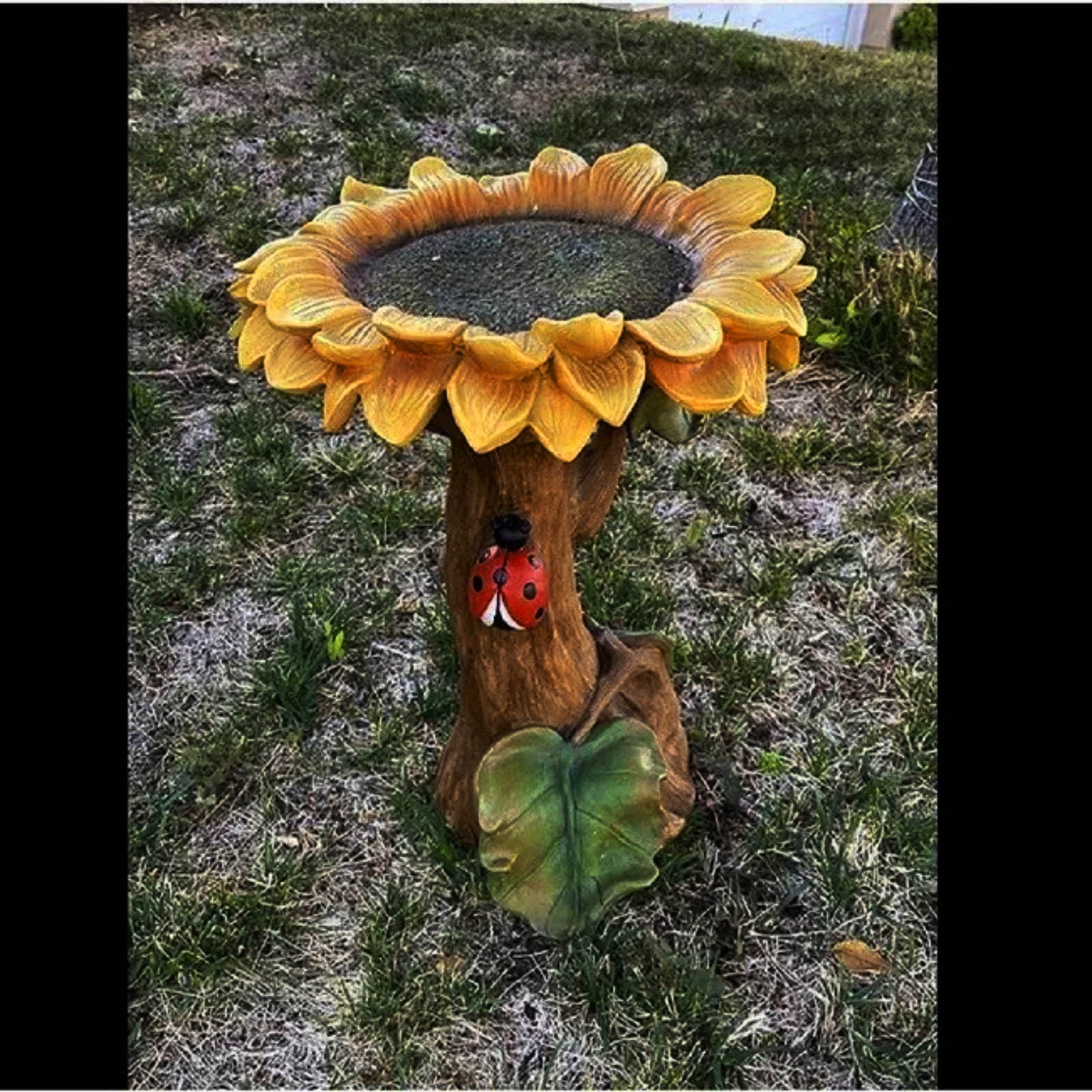 Sunflower Bird Bath Brown Pedestal Garden Decor Outdoor Birdbath with Ladybug Design Weather-Resistant Polyresin Material Water Basin for Birds Butterflies Garden Ornament Decorative Bird Feeder
