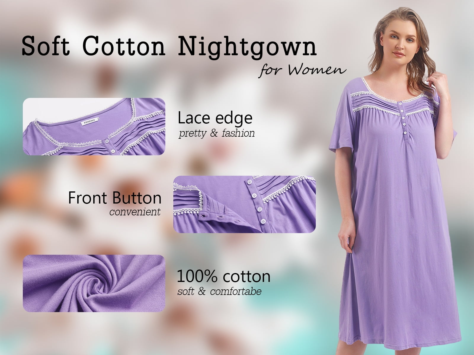 100% Cotton Plus Size Nightgowns for Women Short Sleeve Ladies Sleepwear