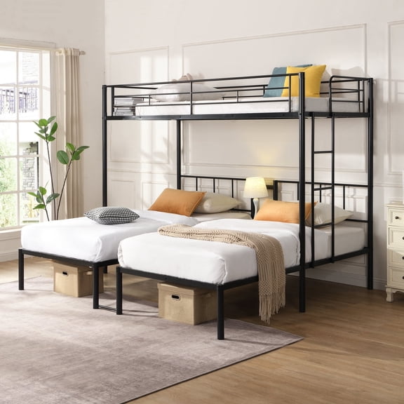 Miekor Furniture Twin Over Twin Over Twin Bunk Bed ,Triple Bunk Bed With a vertical ladder, Metal Frame Bunk Bed with Safety Rail, Twin Over Twin Over Twin Triple Bunk No7027
