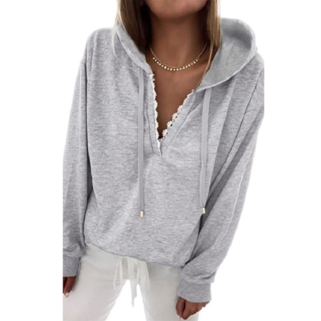 Sudadera informal de trabajo de manga larga, color liso, talla M, sudadera con cuello en V gris y detalle de encaje