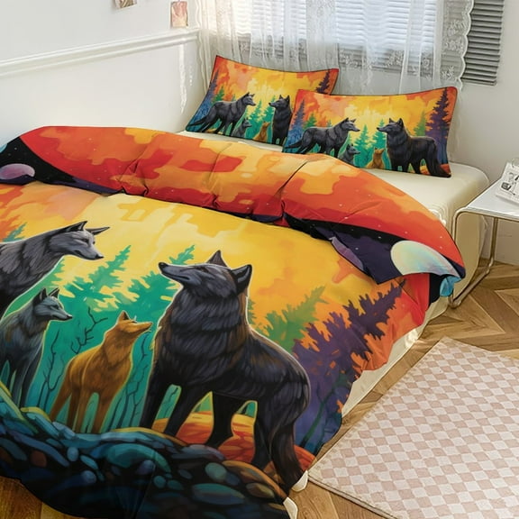 Colorful Wolf Bedding Set with Zipper Closure for Girls & Boys