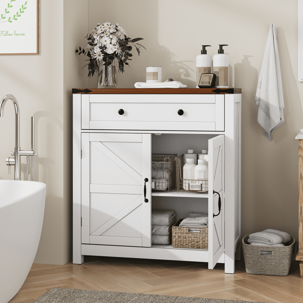 IRONHALL Farmhouse Storage Cabinet with Drawer & Adjustable Shelf White Cabinet with Walnut Countertop Modern Coffee Bar Console Cabinet for Kitchen Dining Room Bathroom and Entryway ****