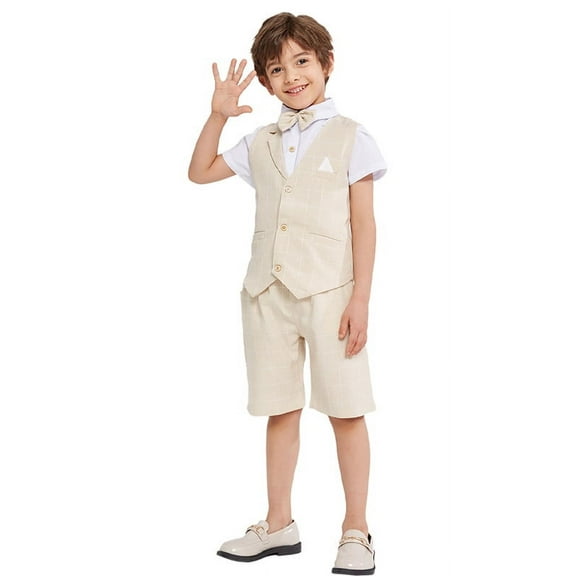 Lolanta Summer Boys Suit Kids Wedding Ring Bearing Costume 4 Pcs Shirt Vest Shorts Set