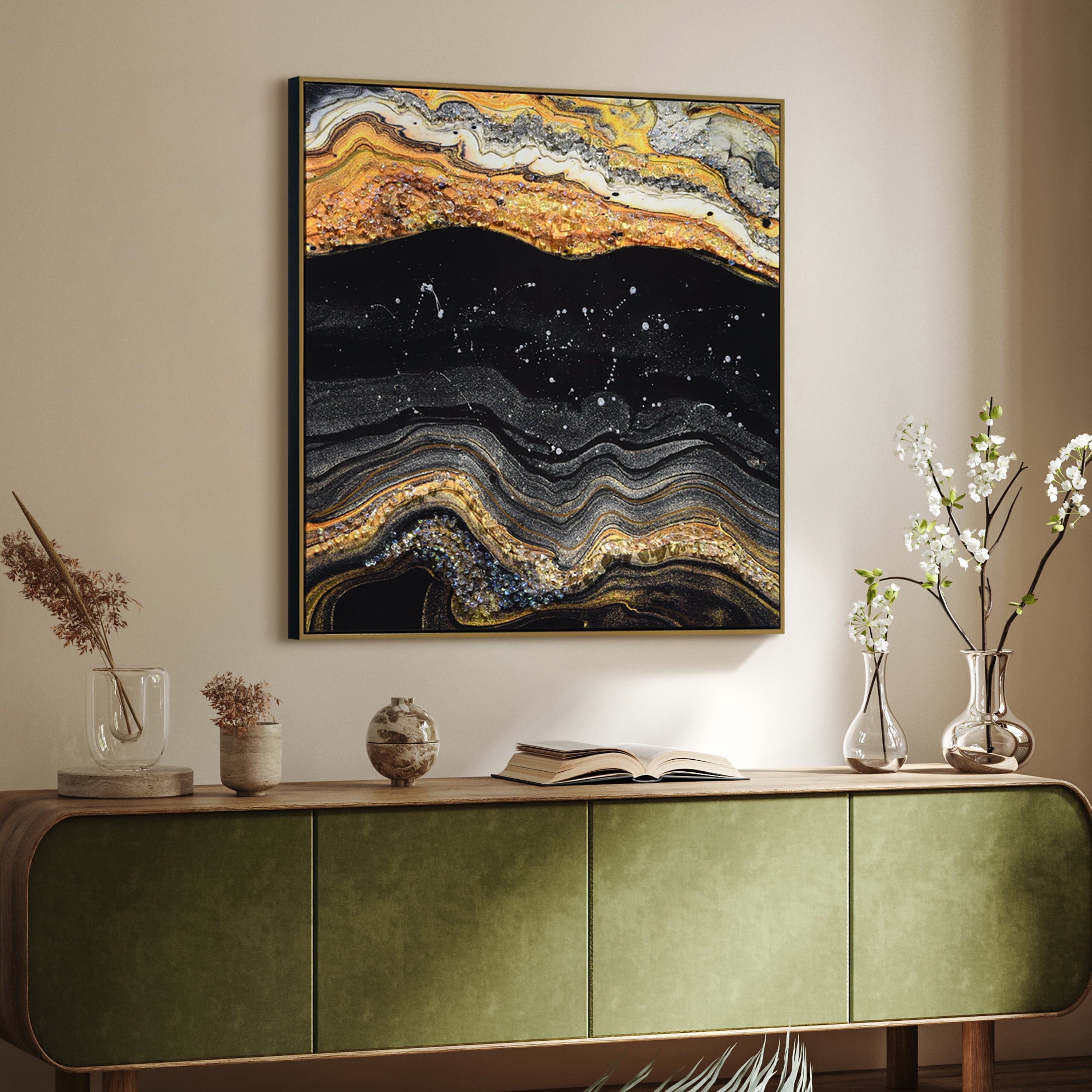 "Golden Earth I" Crystallus Epoxy Coated Wrapped Framed Glossy Abstract Canvas Wall Art with Heavy Acrylic Crystal Shards Embellishments