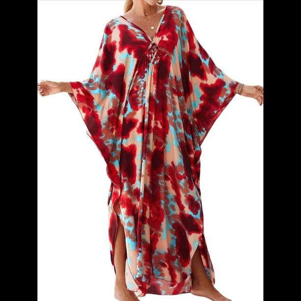 Vestido Caftán con Estampado Animal para Mujer, Talla Grande, para Playa, Verano 2025 Rojo y Azul Talla Única