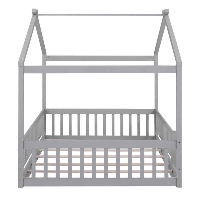 Full Size Wood House Bed with Fence and Roof Frame, Kids Floor Montessori Bed with Safety Guardrails, Sturdy Pinewood Playhouse Bed for Boys Girls