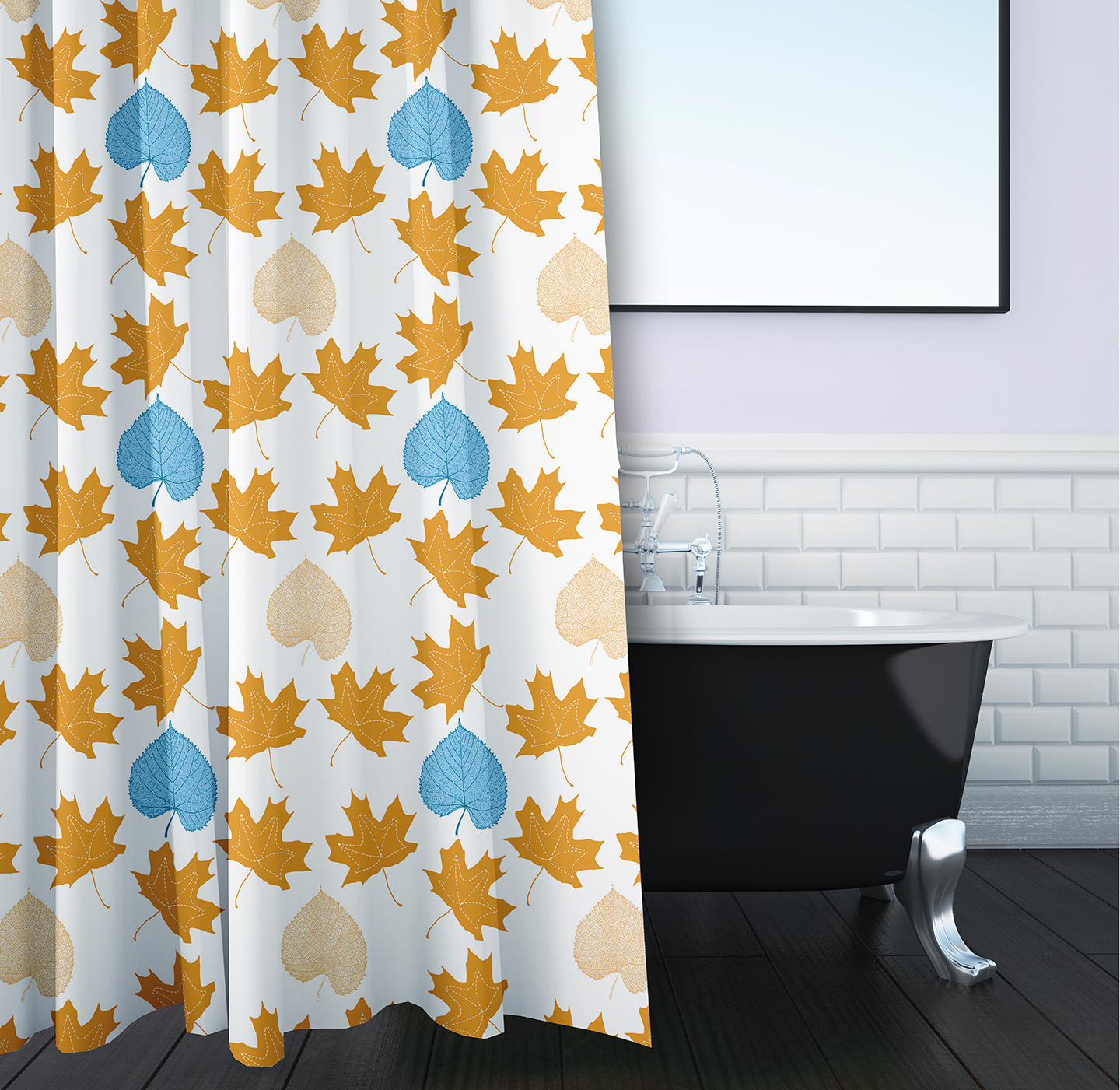 Simply Daisy 70" W x 73" L Lots of Leaves Polyester Shower Curtain, Golden Mustard [1 Ct]
