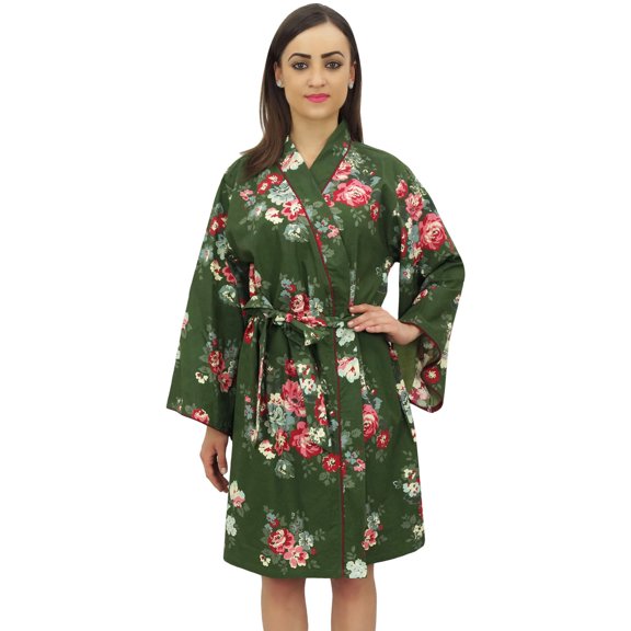 Bimba Floral Printed Olive Green Short Kimono Robe Bridesmaid Nightwear Wrap-26