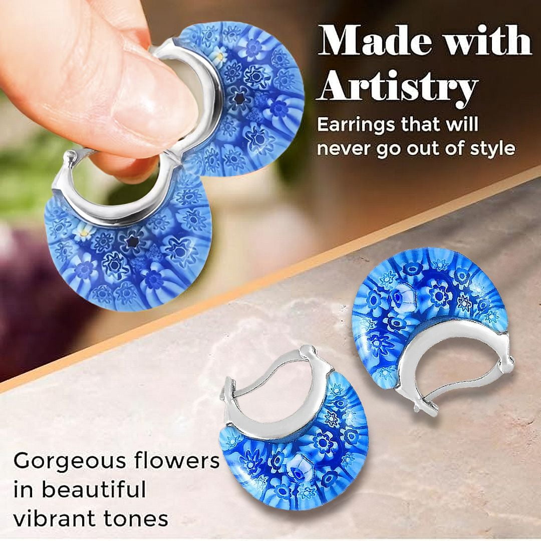 Blue Murano Style Millefiori Glass Hoop Earrings for Women Daisy Flower Stainless Steel Jewelry Ct. 30 Birthday Christmas Gifts