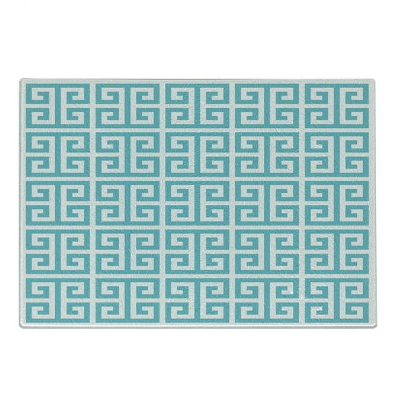 Greek Key Cutting Board, Geometric Hellenic Fret Pattern in Pastel Blue and White Color Antique Revival, Decorative Tempered Glass Cutting and Serving Board, Small Size, Seafoam White, by Ambesonne