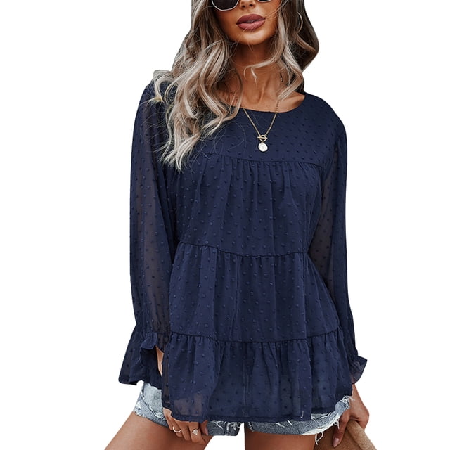 Blusa informal transpirable con volantes y manga larga para mujer, cuello redondo, gasa, para otoño e invierno, azul marino S
