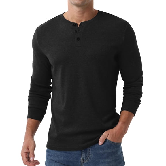 GRIUNS Mens Henley Shirts Long Sleeve T-Shirt Casual Classic Soft Stretch Pullover Tees Black L