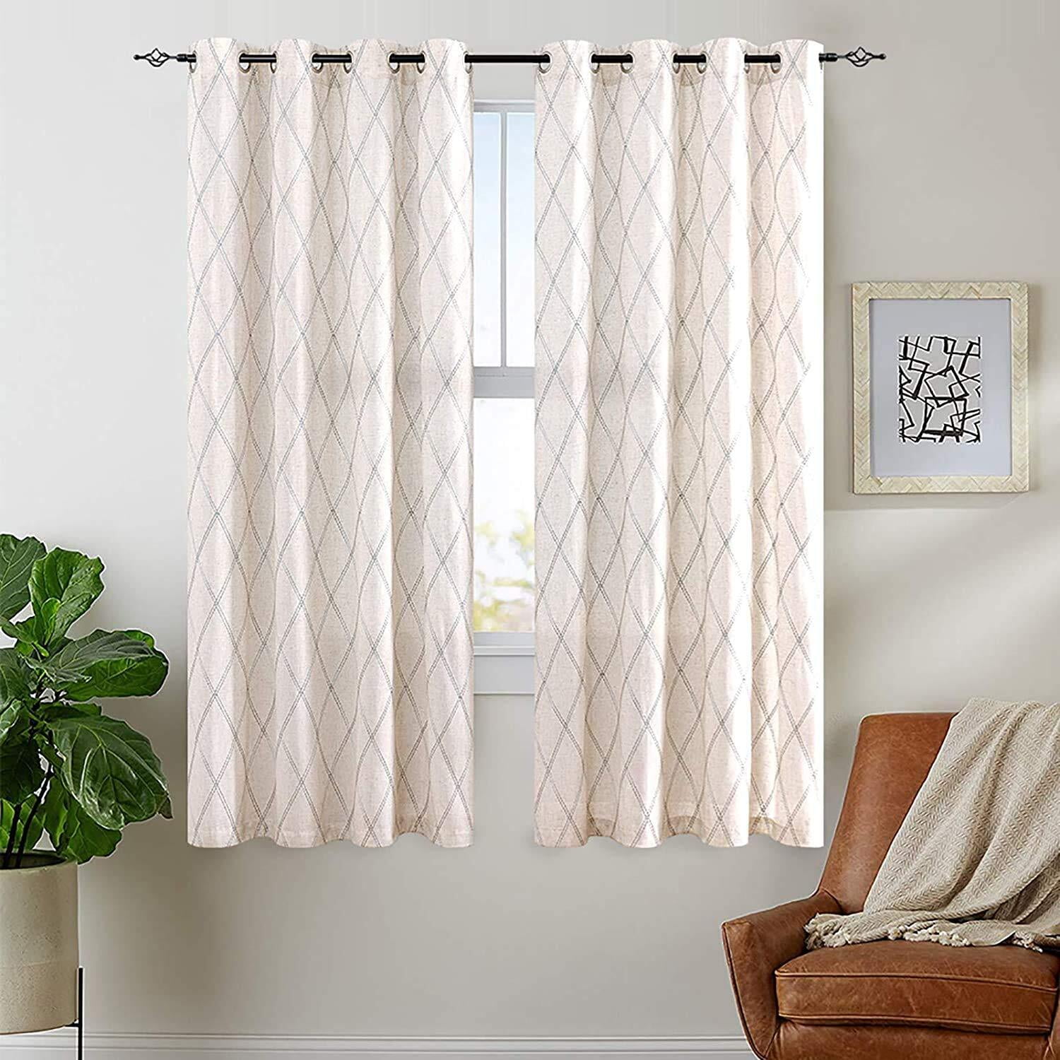 Curtainking Linen Curtains for Living Room 63 inch Farmhouse Diamond Embroidered Flax Window Drapes Light Filtering Grommet Curtains 2 Panels Grey