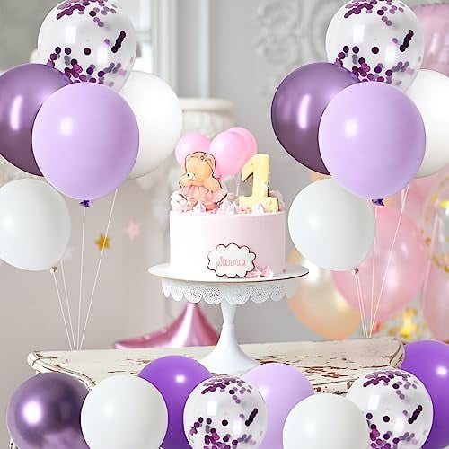 RUBFAC 65 Pcs 12 Inches Lavender Purple Balloons, Purple Metallic and Confetti Balloons for Valentine's Day, Baby Shower, Girls Birthday, Wedding, Anniversary Party Decorations