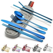 Deago 8 Pieces Stainless Steel Flatware Set Portable Utensils Travel Camping Cutlery Set Include Knive Fork Spoon Chopsticks Straws Brush Portable Case (Blue)